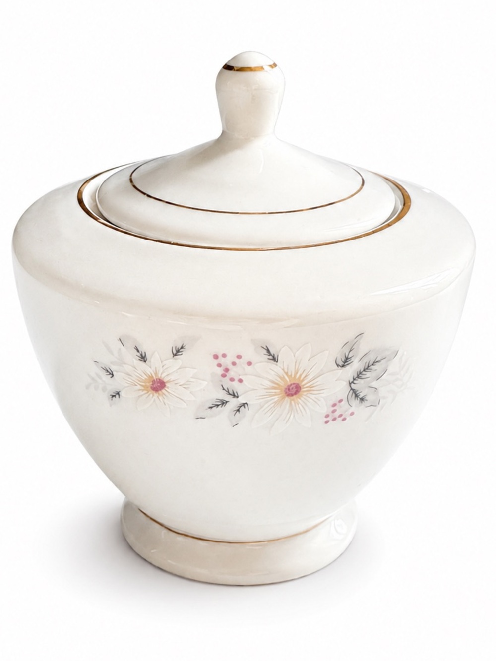 Vintage White Porcelain Lidded Sugar Bowl Pink Floral Gold Trim